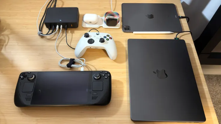 VOLTME Revo 240 charging Apple AirPods Pro, Apple Watch, Apple iPad Pro, Apple MacBook Pro 14, Steam Deck and XBox controller. VOLTME Revo 240 charging Apple AirPods Pro, Apple Watch, Apple iPad Pro, Apple MacBook Pro 14, Steam Deck and XBox controller.
